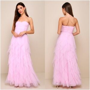 LULU’S Delightful Beauty Pink Mesh Strapless Ruched Ruffled Maxi Dress
